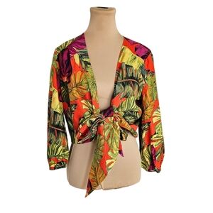Maison d'Amelie NWT Tropical Leaf Print Tie-Front Linen Blouse Sz S